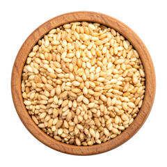 Overhead shot of a wooden bowl filled to the brim with small, golden-brown seeds against black