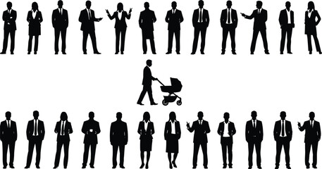 Large collection of professional business people silhouettes in suits with a father pushing a baby stroller representing work life balance
