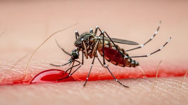 Mosquito sucking blood from human skin with visible red blood drop