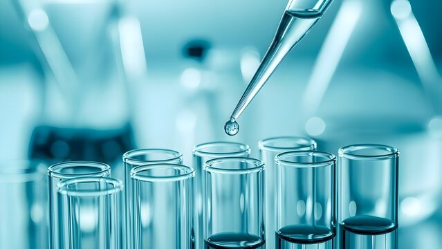 Tubos de ensayo llenos de l&iacute;quido azul.
 Una pipeta dispensa una gota.
 Investigaci&oacute;n y an&aacute;lisis de qu&iacute;mica cient&iacute;fica.
 Entorno de laboratorio, desarrollo de medicamentos, biotecnolog&iacute;a, productos fa