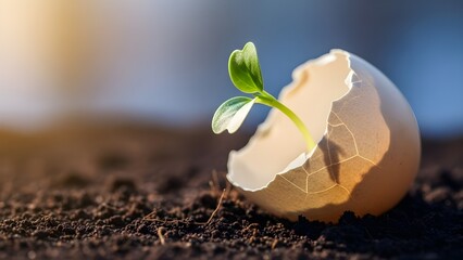 Comienzos frágiles: un pequeño brote emerge de una cáscara de huevo rota, simbolizando nueva vida y potencial en un contexto suave y de ensueño.
