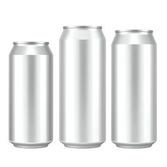 Three silver aluminum beverage cans of varying heights against a solid black backdrop