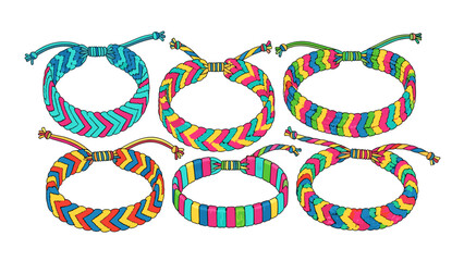 Colorful friendship bracelets in various patterns on a light background