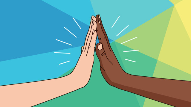 Two hands giving a high-five symbolizing unity and connection on a colorful background - Powered by Adobe