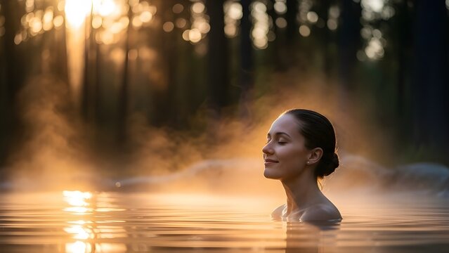 Serena inmersi&oacute;n mujer ba&ntilde;&aacute;ndose en una piscina termal disfrutando de la luz dorada del atardecer con un suave vapor subiendo