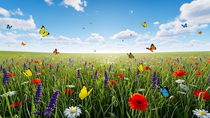 Hierba verde joven y jugosa y mariposas revoloteando en la naturaleza contra el cielo azul de primavera con nubes blancas.
 Panorama de la naturaleza primaveral.