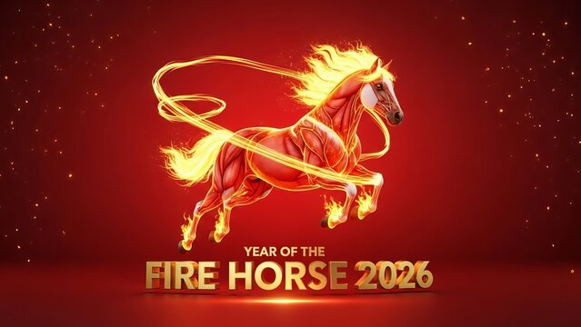 Year of the Fire Horse 2026 Celebration Poster with a Galloping Flaming Stallion and Swirling Gold Light on Red Background