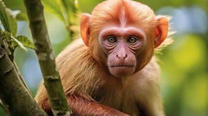 Portrait of a curious young monkey with pinkish face and light brown fur in a lush green forest canopy