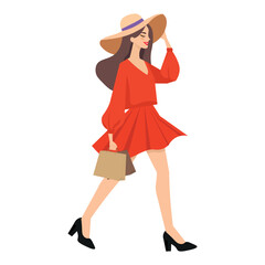 Elegant woman wearing a hat and red dress, holding shopping bags.