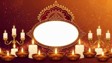 Red frame with gold trim, diyas, and candles on a gradient background for a Diwali celebration card template
