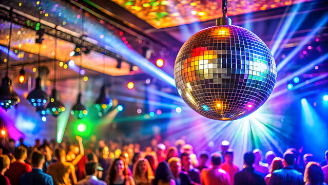 A vibrant disco ball hangs above a lively party crowd in a colorful nightclub with flashing lights and beams. - Powered by Adobe