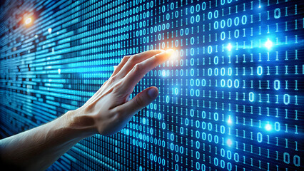 A hand interacts with a futuristic digital interface of glowing blue binary code