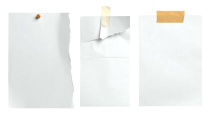 Three isolated, blank paper sheets attached with a tack, tape, and torn edge