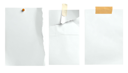 Three isolated, blank paper sheets attached with a tack, tape, and torn edge