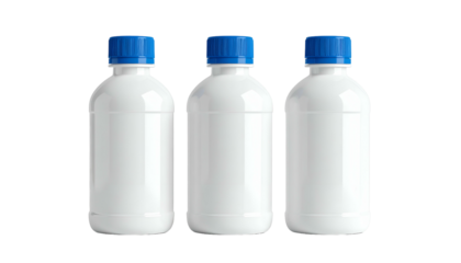 Three white plastic bottles with blue caps stand in a row against a black background
