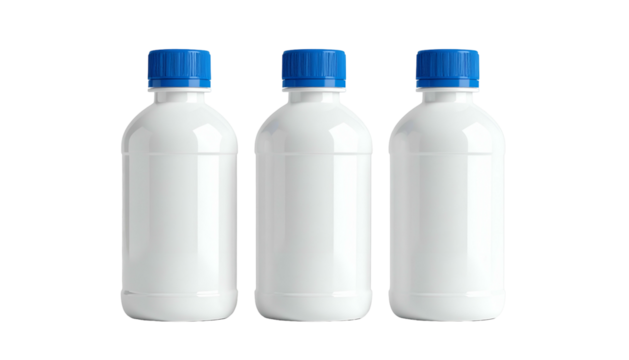 Three white plastic bottles with blue caps stand in a row against a black background - Powered by Adobe