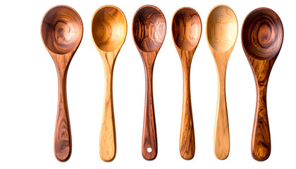 Six wooden spoons displayed in a row, showcasing various wood grains and tones