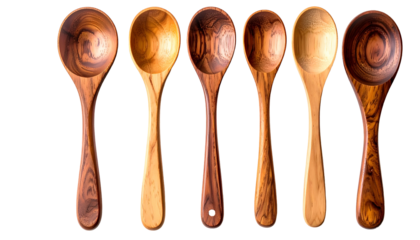Six wooden spoons displayed in a row, showcasing various wood grains and tones