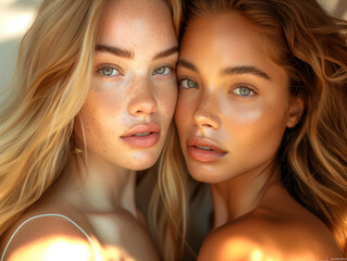 Two beautiful models standing opposite each other in a minimalist portrait.