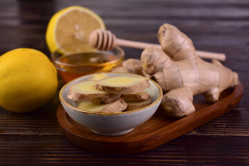 Ginger root, lemon and honey. Anti-cold products for tea.
