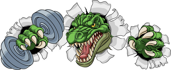 A crocodile, dinosaur or alligator lizard weight lifting trainer, exercise or body building gym cartoon sports mascot holding weights dumbbell © Christos Georghiou