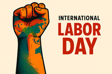 Workers raising tools and fists symbolizing unity strength and international labor movement