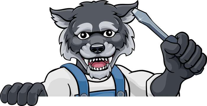 A wolf electrician, handyman or mechanic holding a screwdriver and peeking round a sign