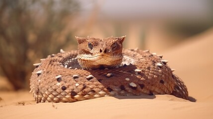 Obraz premium Small Spiky Desert Lizard Resting on Sunlit Sand Amid Dunes, Camouflaged and Alert