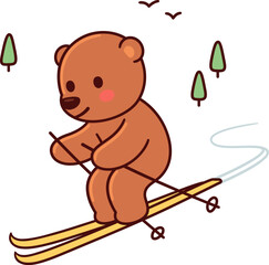 Cute cartoon skiing bear drawing. Funny winter sports character, simple hand drawn vector illustration.