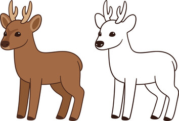 Cartoon huemul deer drawing, national animal of Chile. Black and white line art and color cartoon drawing. Vector illustration.
