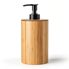 Obraz premium Bamboo soap dispenser with black pump isolated on white background