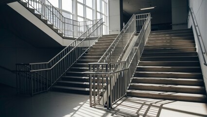 Fototapeta premium A modern staircase with metal railings and natural light pouring in through large windows in a contemporary building