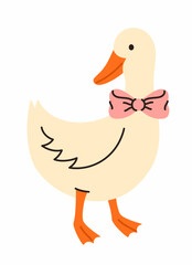 Cute goose with a pink bow. Flat vector illustration.