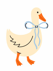 Cute goose with a blue bow. Flat vector illustration.