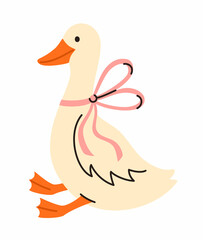 Goose with a pink bow. Flat vector illustration.