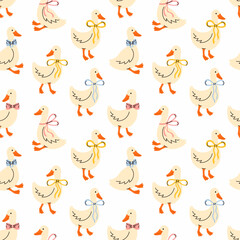 Seamless pattern with geese and ribbons. Flat vector illustration.