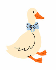 Goose with a blue bow. Flat vector illustration.