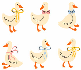 Set of geese with bows. Flat vector illustration.