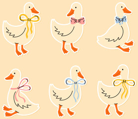Set of geese with bows stickers. Flat vector illustration.
