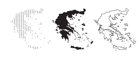 Greece Map Vector Set with Dotted Solid and Outline Borders Isolated on White