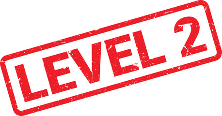 Red Distressed Level 2 Rubber Stamp Impression on White Background Depicting Achievement or Milestone
