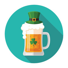 Flat design illustration of a beer mug with a green hat and shamrock on a teal background with shadow.