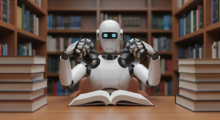 Fototapeta premium Robot Reading a Book in Library, Searching for Knowledge with Binoculars