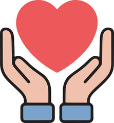Charity Symbol, Red Heart in Hands, Emotional Care Clipart in Stylized Design