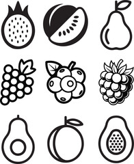 Fruit Icons Set Black and White Vector Pack &ndash; Dragon Fruit, Watermelon, Pear, Grapes, Blueberry, Raspberry, Avocado, Peach, Papaya