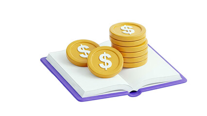 Coins on Book: Learning and Saving Money Concept