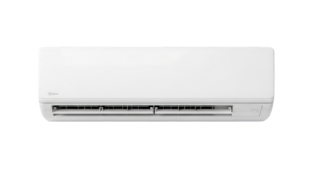 A sleek, white air conditioning unit mounted against a black wall for climate control purposes.