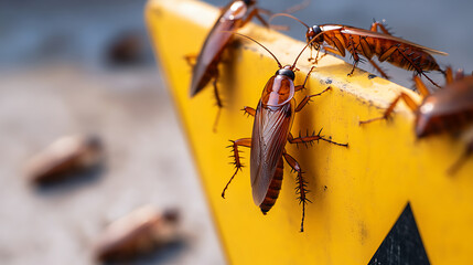 A close-up shot captures several brown cockroaches converging on a yellow, triangular surface. The insects' antennae and spiny legs are visible. The scene suggests a pest infestation.