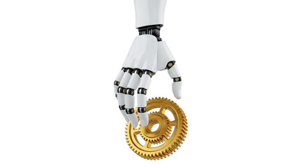 A white robotic hand holds golden gears against a stark black backdrop in a conceptual illustration.