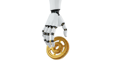 A white robotic hand holds golden gears against a stark black backdrop in a conceptual illustration.